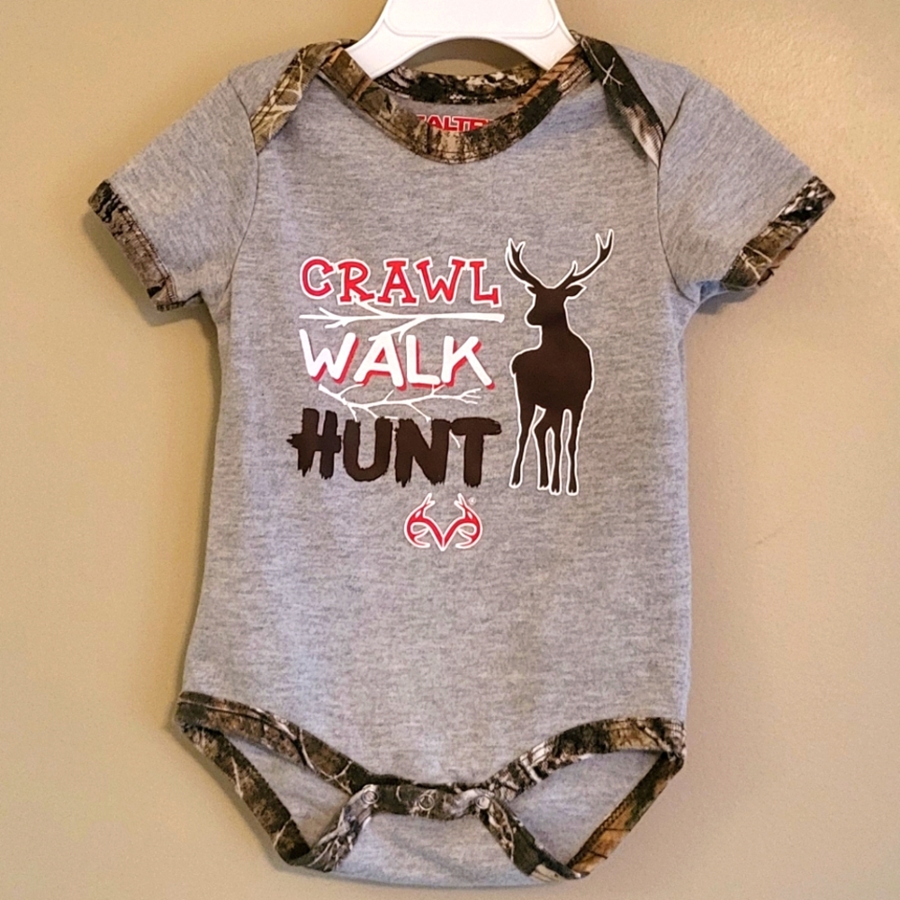 Grey "Crawl, Walk, Hunt" onesie/bodysuit